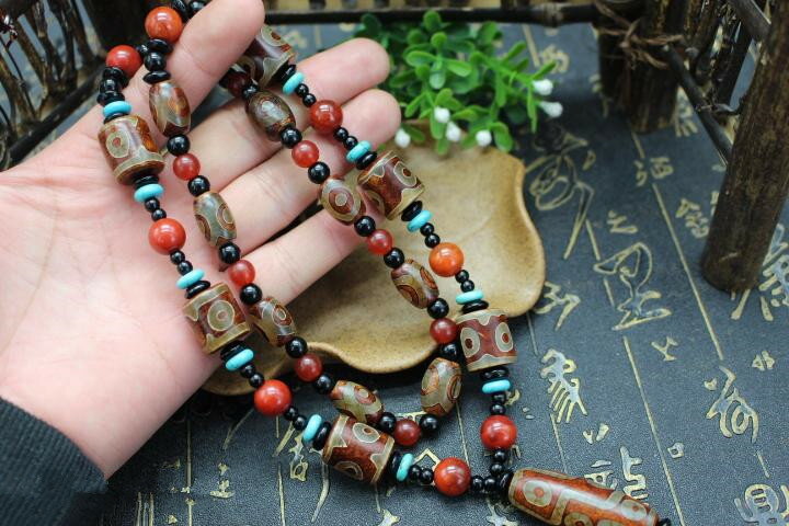 天然西藏老天珠老瑪瑙項鏈手鏈三眼九眼天珠硃砂真品密宗