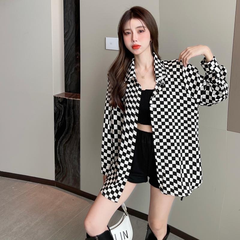 黛小姐：黑白棋盤格上衣女春季設計感小眾法式氣質長袖襯衫外套潮