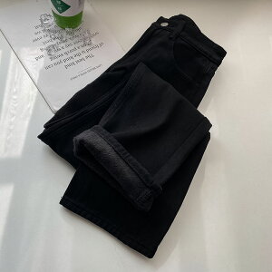 黑色加厚發熱牛仔褲女年新款冬季設計感小眾加絨高腰直筒褲子