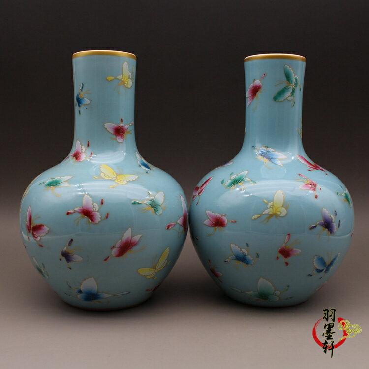 清乾隆粉彩百蝶天球瓶花瓶一對 古玩古董陶瓷器手繪精品仿古收藏