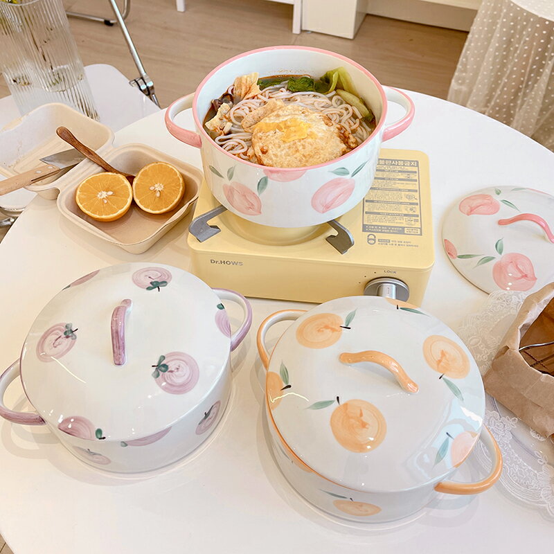 *手繪泡面碗一人食大號陶瓷碗帶蓋干飯人的碗手繪桃子碗