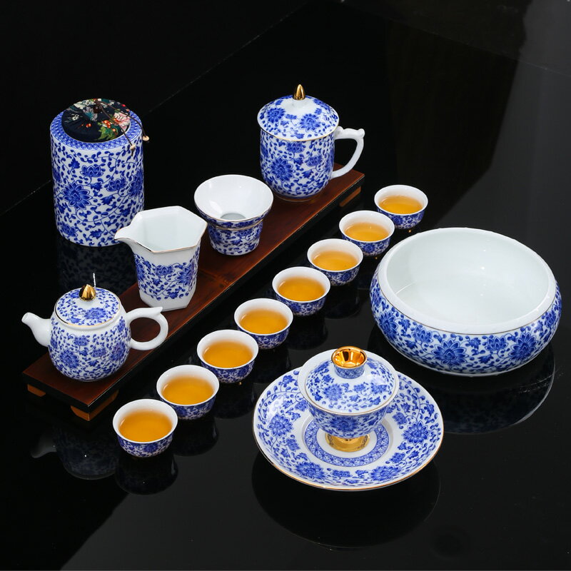 滿彩青花整套功夫茶具 家用陶瓷泡茶壺蓋碗茶杯簡約干泡盤