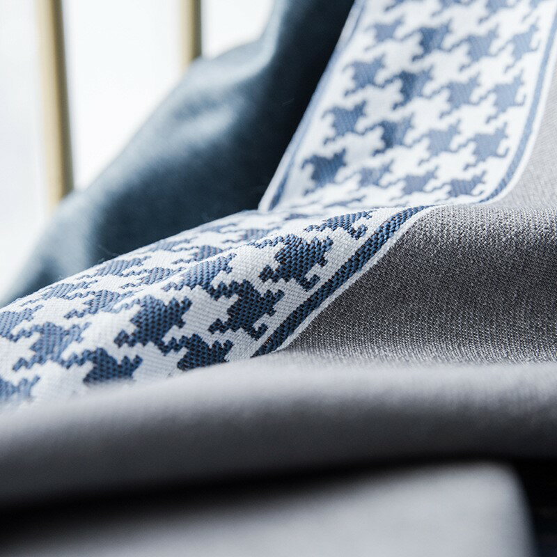 新款窗簾布仿亞麻拼接純色布料簡約遮光散剪千鳥格花邊 3