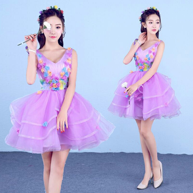 晚禮服新款夏彩紗蓬蓬裙短款伴娘服洋裝小禮服主持人演出服女