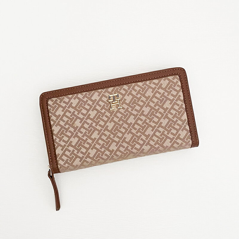 美國百分百【全新真品】Tommy Hilfiger 長夾 錢包 配件 Monogram 印花 皮夾 駝色 DH34