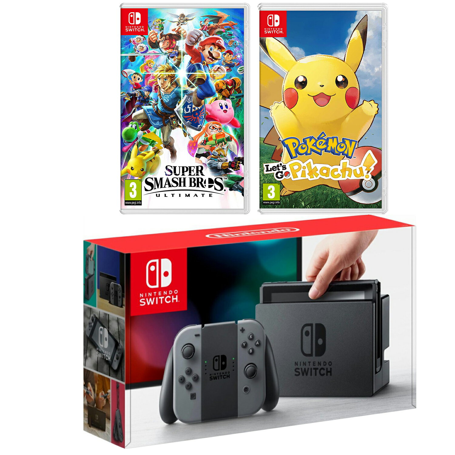 Nintendo Switch Console With Gray Joycon Controllers Super Smash Bros And Pokemon Lets Go Pikachu