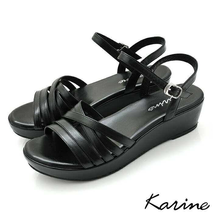 karine(MIT台灣製)全真皮交叉細帶鏤空楔型涼鞋-黑色