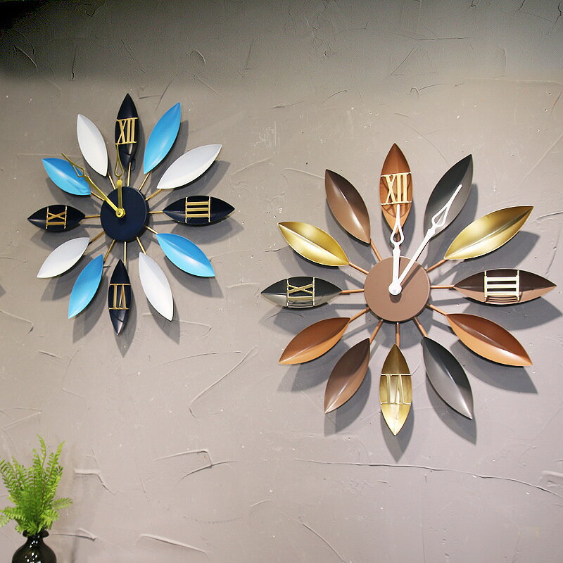 美式loft鐵藝葉子掛鐘客廳臥室大廳墻面壁掛創意時鐘鐘表工藝品