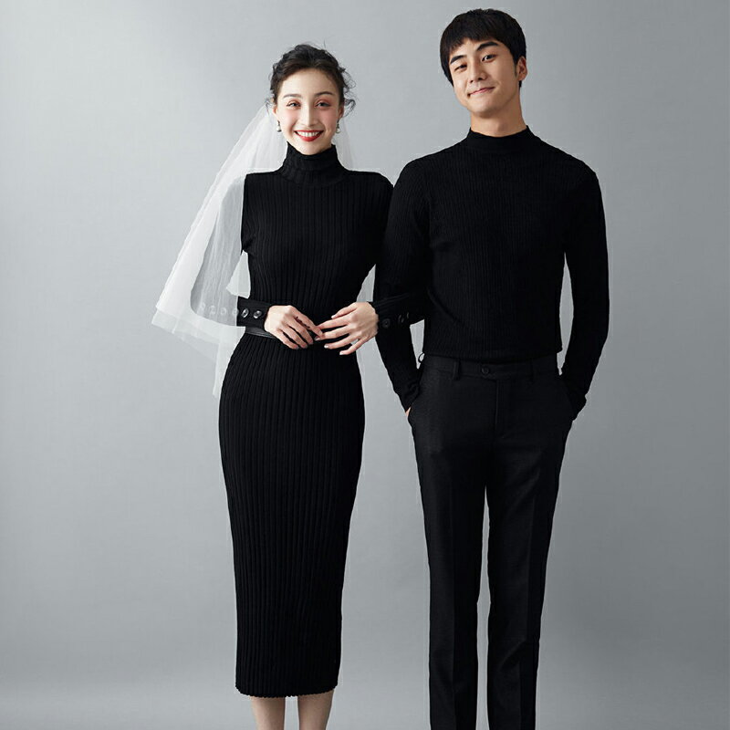 新款影樓情侶主題拍照攝影寫真秋冬黑色毛衣韓式風格清新婚紗禮服