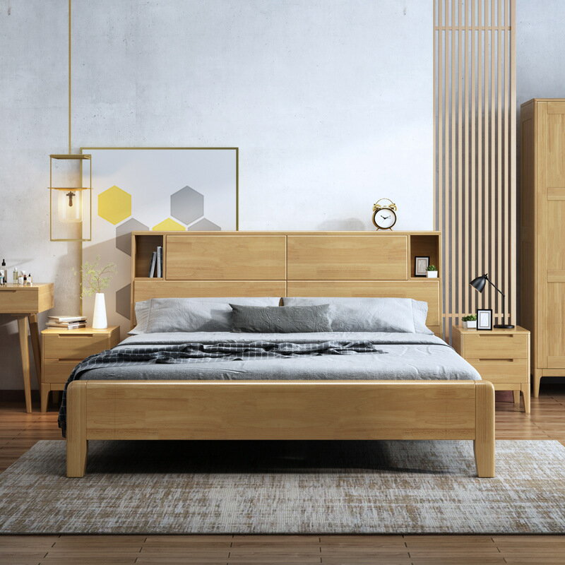 【KENS生活家具】大床 雙人床 軟床 北歐純實木1.8米雙人床現代簡約小戶型1.5m日式氣壓儲物床帶書架
