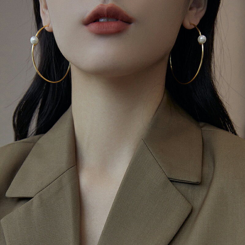 大圈圈純銀珍珠耳環耳圈2021年新款潮高級感輕奢氣質圓圈耳飾女