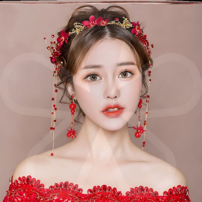 化妝師推薦新娘頭飾高階感紅色中式婚紗敬酒服發飾結婚配飾品套裝
