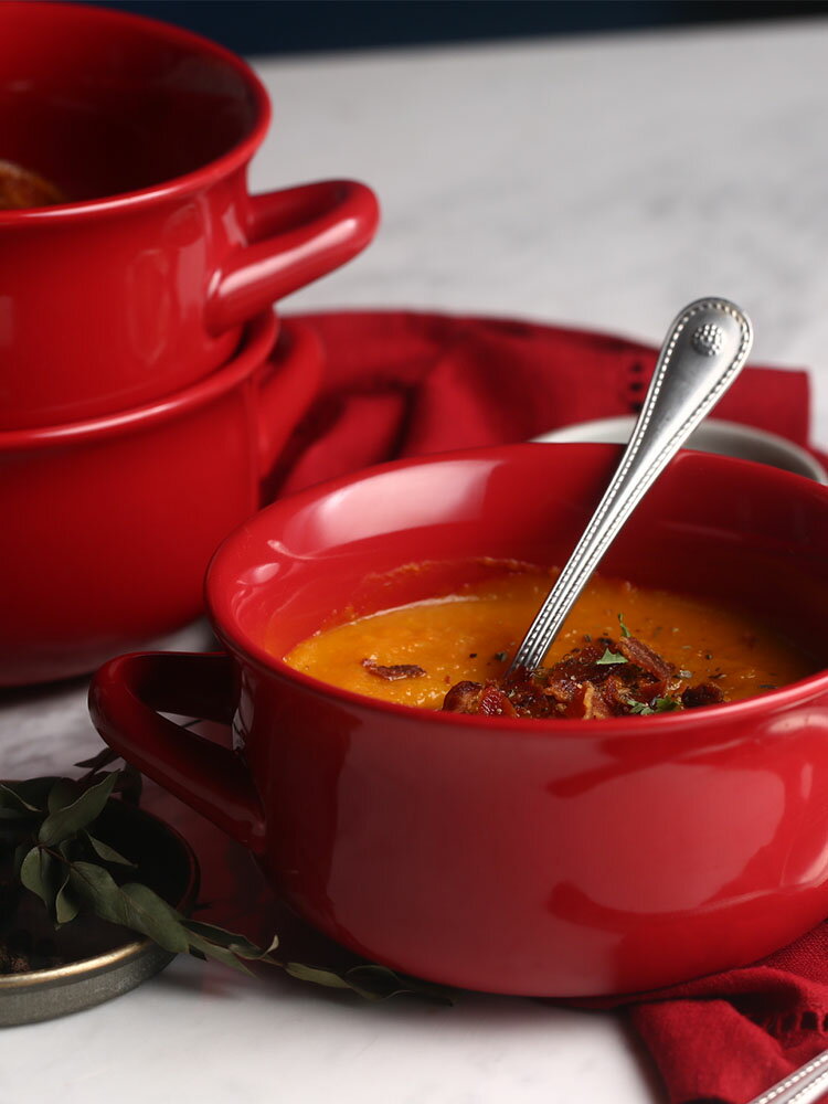 朵頤WS創意餐具紅色雙耳碗陶瓷面碗烘焙碗大號家用雙耳湯碗湯盆1入