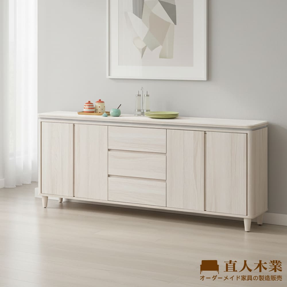 【直人木業】TESS淺橡極簡風亮面白陶板櫥櫃183公分