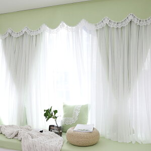 飄窗窗簾臥室公主風雙層紗簾拐角窗穿簾成品客廳全遮光綠色窗簾布
