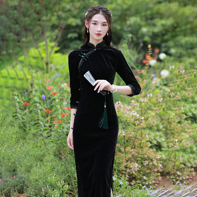 黑色絲絨旗袍年輕款氣質長款長袖春季顯瘦老上海復古少女中國風