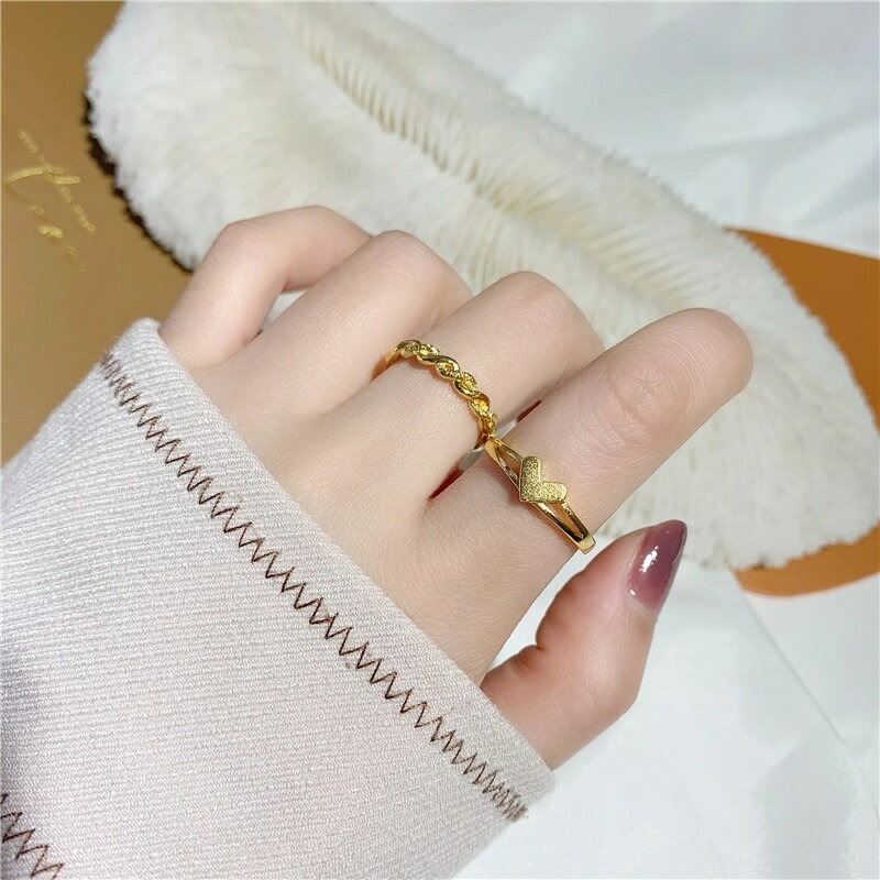 越南沙金愛心麻花開口戒指黃銅鍍金女士時尚磨砂可調節戒指指環