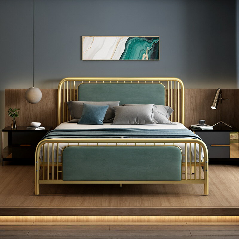 【免運】鋼木床 新中式簡約軟包鐵藝床公寓床ins風金色雙人鐵架床1.5米宿舍鐵床
