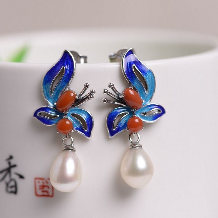古風玉女款鍍925銀復古中式時尚氣質燒藍蝴蝶南紅珍珠滴釉耳飾品