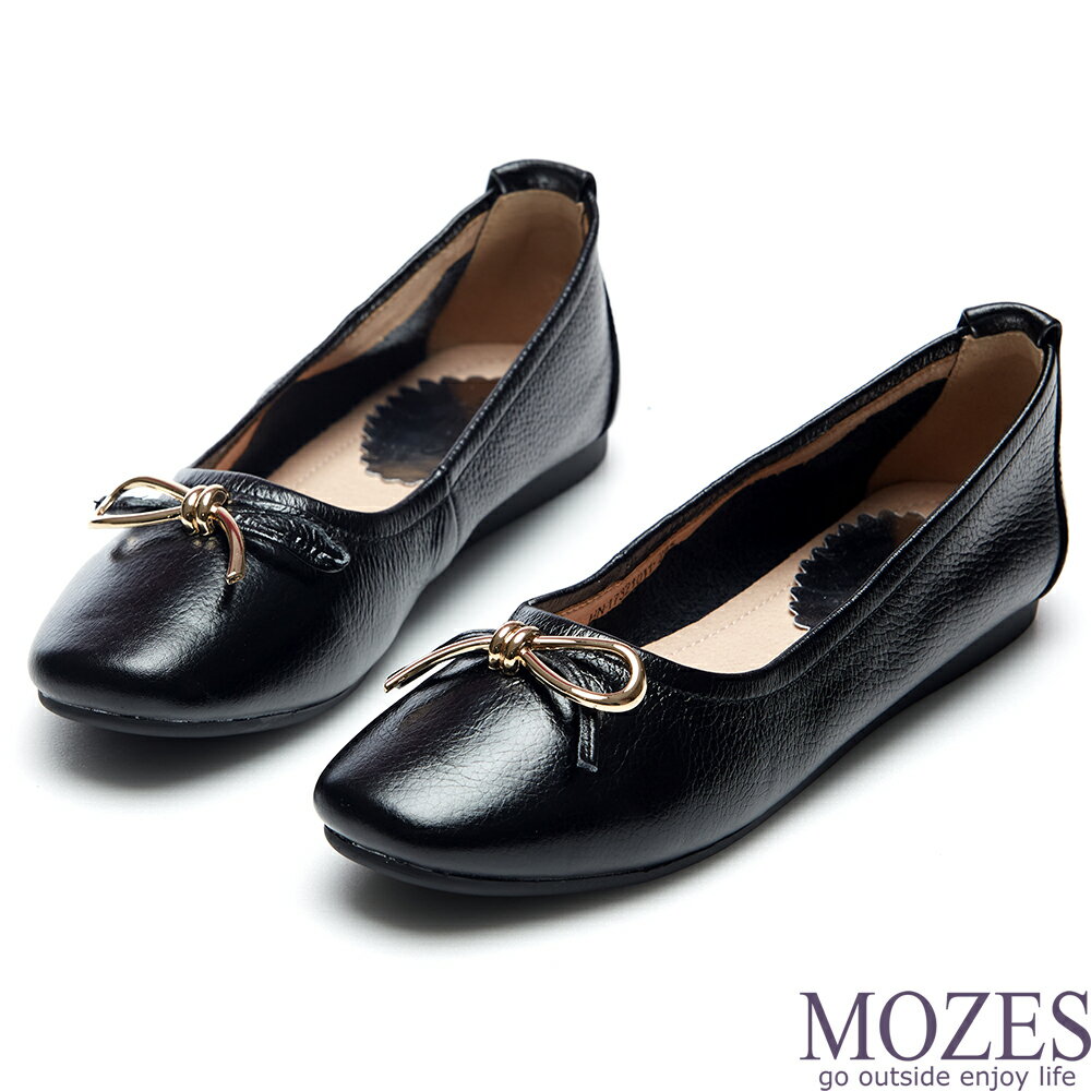【MOZES】氣質系女孩芭蕾舞牛皮娃娃鞋(全牛皮平底鞋)-黑