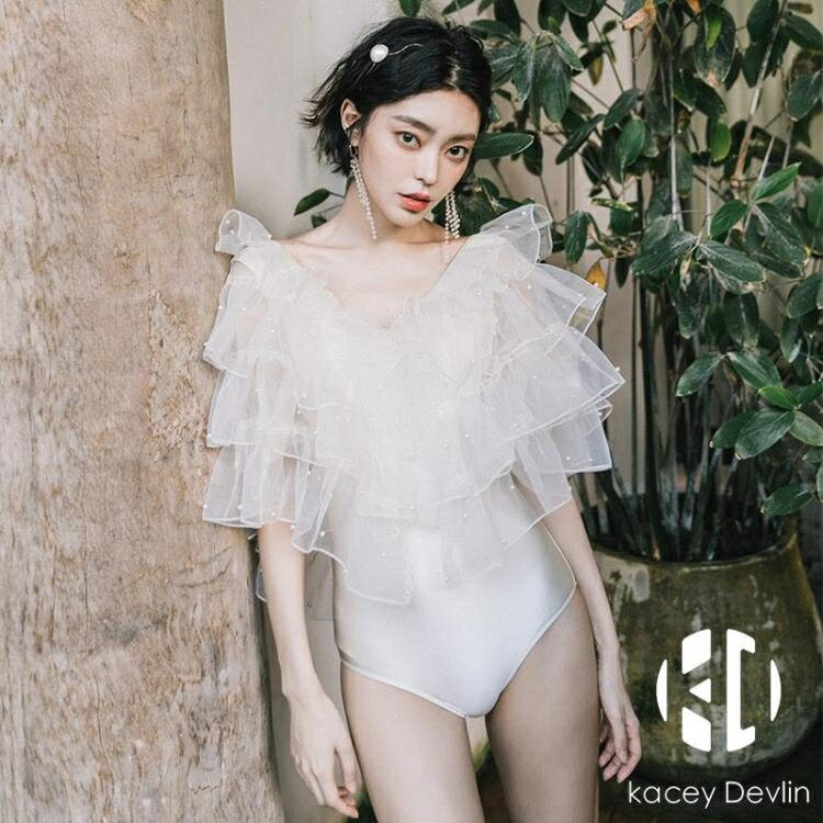 珍珠仙女範遮肚顯瘦連體性感大露背溫泉游泳衣女【聚物優品】
