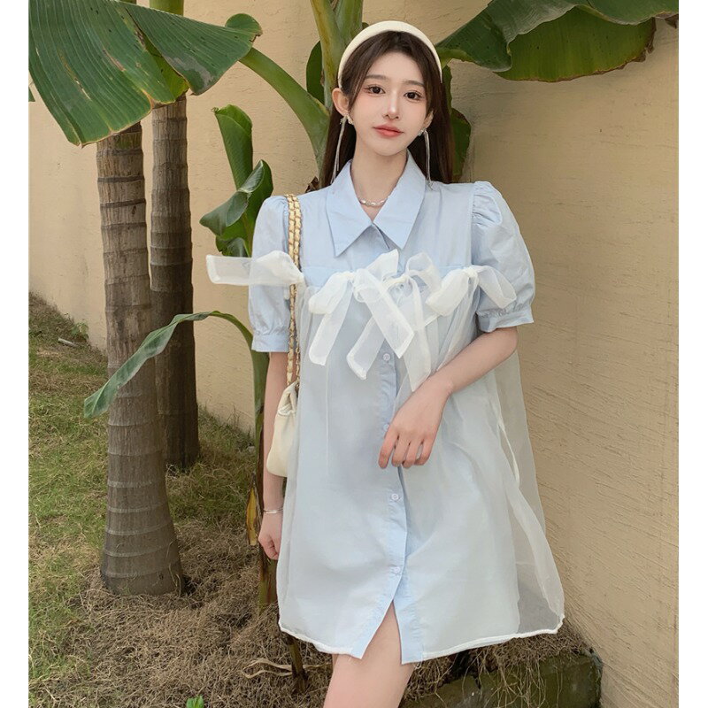黛小姐：設計感小眾別致蝴蝶結甜美襯衫裙子夏季泡泡袖連衣裙女潮