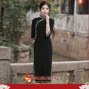 蕾絲花邊七分袖中長旗袍 復古中國風經典改良式時尚修身顯瘦日常連身裙洋裝～美麗優雅風～騰影(黑色)。水水女人國