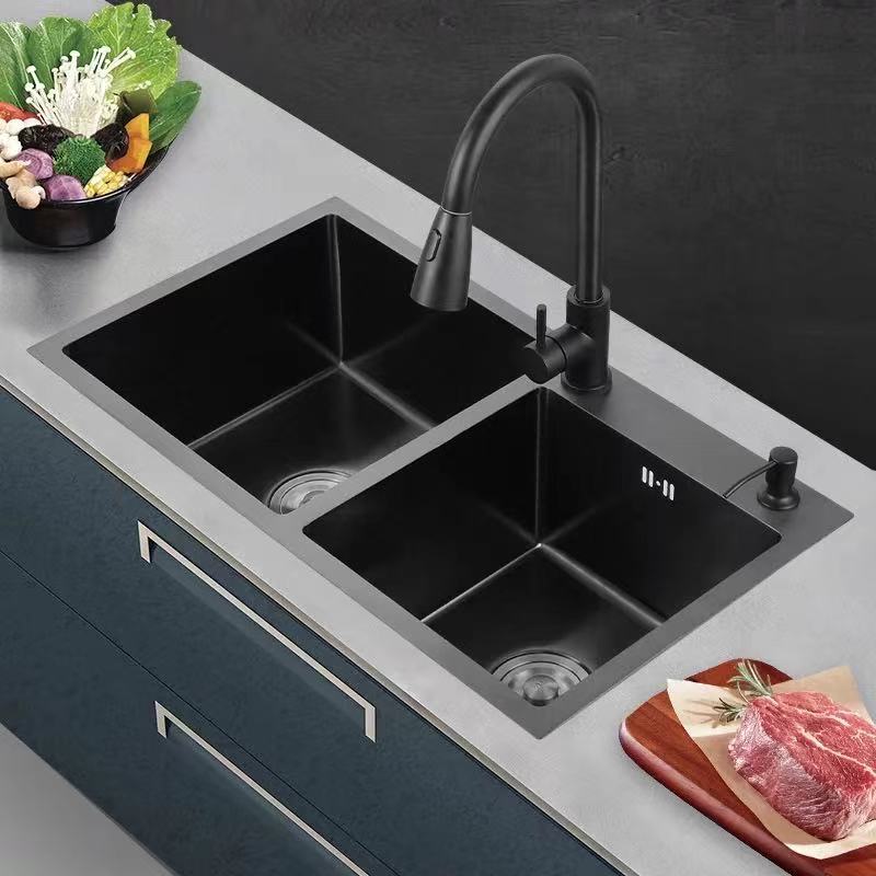 雙槽水槽 廚房水槽 大單槽 納米廚房水槽雙槽加厚304不鏽鋼黑色家用洗菜盆手工洗碗單盆水池『XY40455』