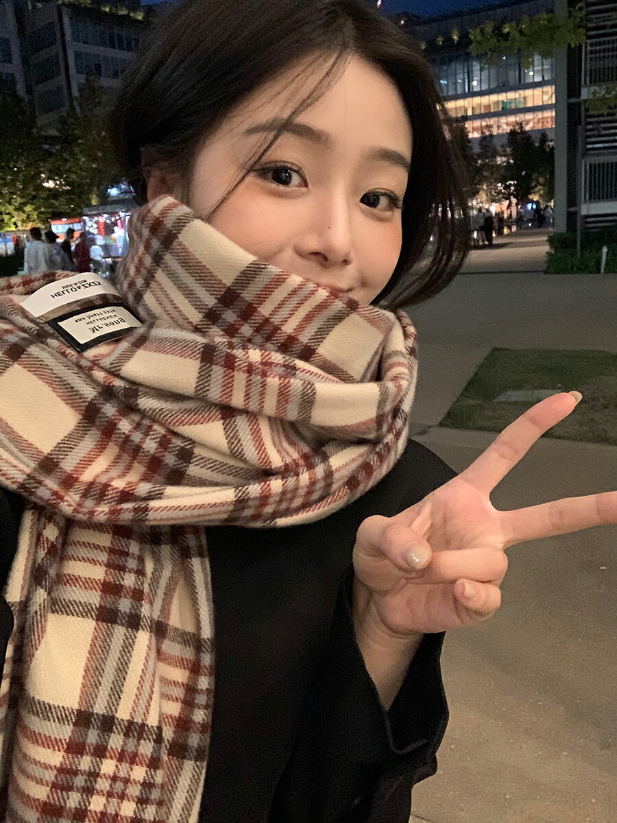 紅格子綠色圍巾女冬季高階感2023新款百搭保暖披肩外搭韓系圍脖女