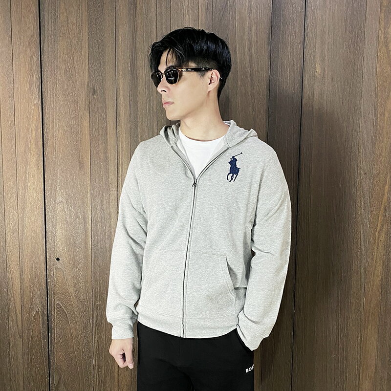 美國百分百【全新真品】Ralph Lauren 連帽外套 棉質 毛巾布 青年版 RL 大馬 logo 夾克 灰色 AV08