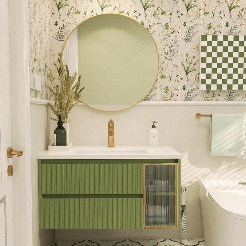 巖闆浴室櫃組合橡木實木洗手盆高端紅書油果綠吊櫃