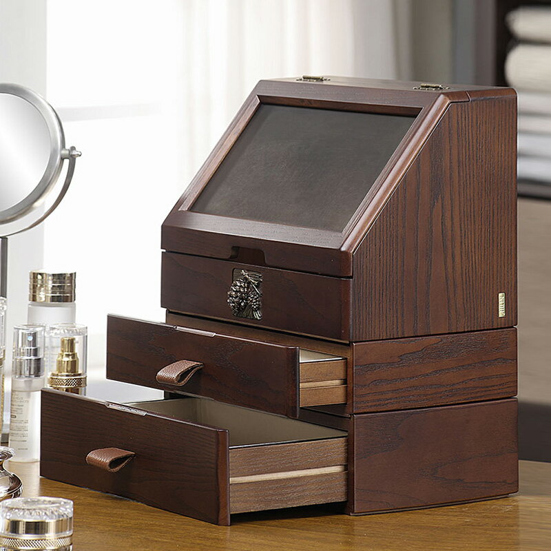 收納盒 化妝品收納盒首飾一體桌面香水防塵梳妝臺大容量木質抽屜置物架