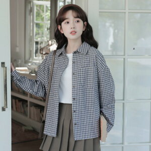 學院風格子襯衫外套女早秋季設計感小眾復古香港chic寬松上衣