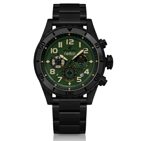 elegantsis 傑本尼氏 ELJR23QS-TONUP-VG02MA 新咖啡騎士三眼計時腕錶 綠面 48mm｜樂天領券現折★全館特惠中★指定刷卡回饋10%