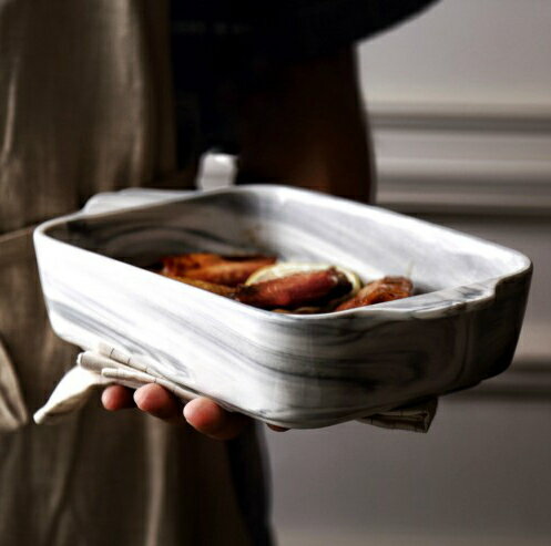 大理石烤盤家用長方形歐式烘焙烤箱用耐熱陶瓷焗飯盤雙耳烤盤焗