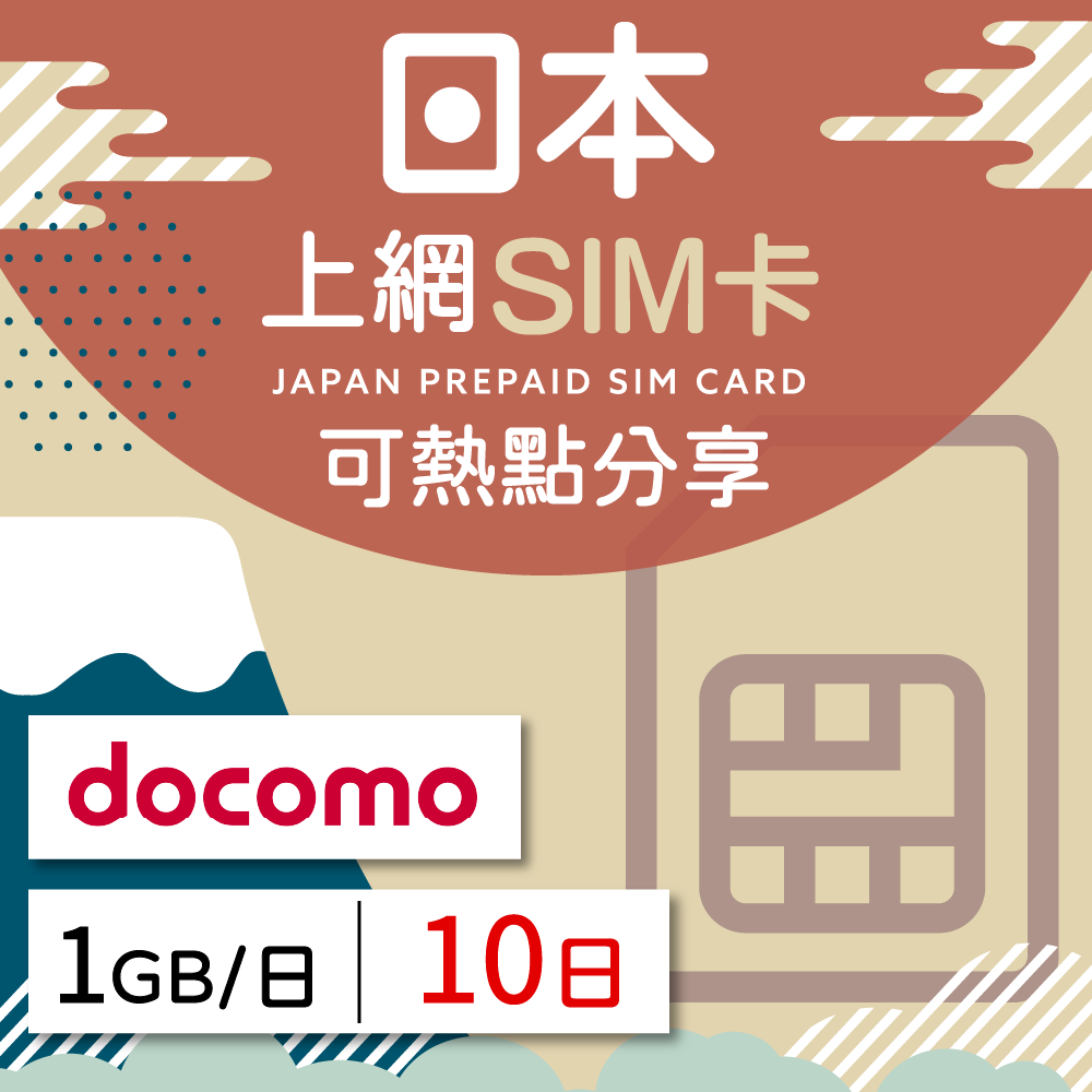 日本 上網SIM卡 10天 每日1GB 降速吃到飽 4G高速上網 Docomo 手機上網 隨插即用 熱點分享 日商公司品質保證