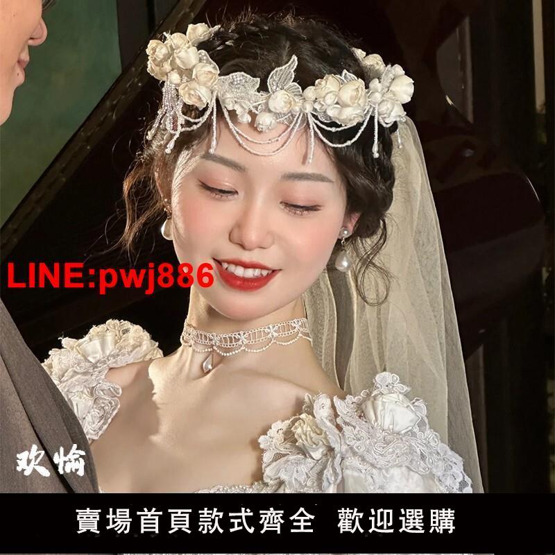 {臺灣公司 可開發票}新款設計手工復古頭飾法式串珠流蘇發飾氣質新娘緞面婚紗禮服配飾