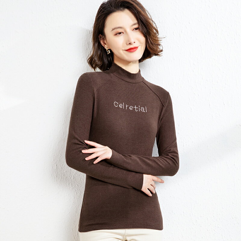 咖啡色加絨半高領德絨打底衫女年春季新款內搭洋氣保暖上衣潮