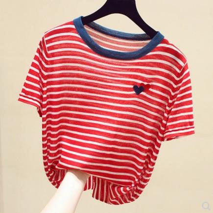 夏季韓版新款短袖T恤女寬松薄款愛心刺繡條紋針織衫chic上衣