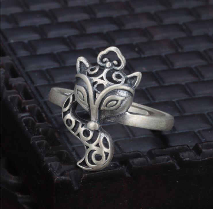 S925純銀鏤空可愛狐貍戒指女復古個性開口食指指環網紅飾品