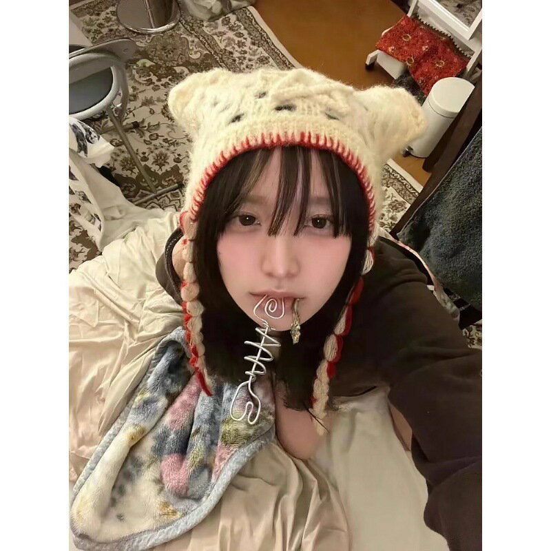 韓版ins小眾星星貓耳朵手工編織毛線帽子女秋冬甜酷千禧y2k針織帽