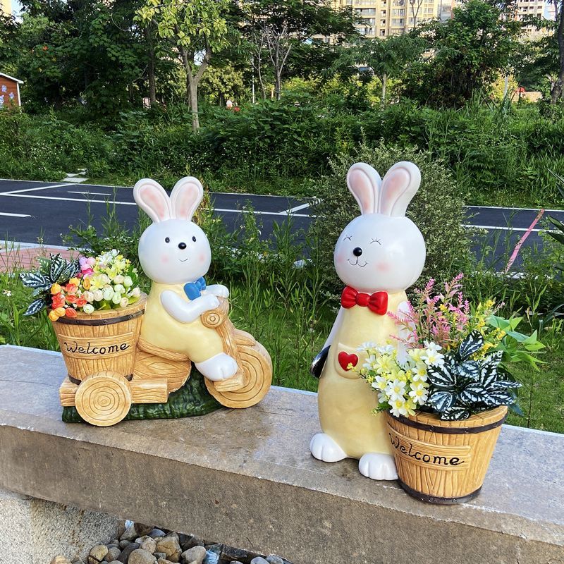 卡通兔子擺件別墅陽臺庭院裝飾幼兒花園擺件可愛戶外動物花盆雕塑