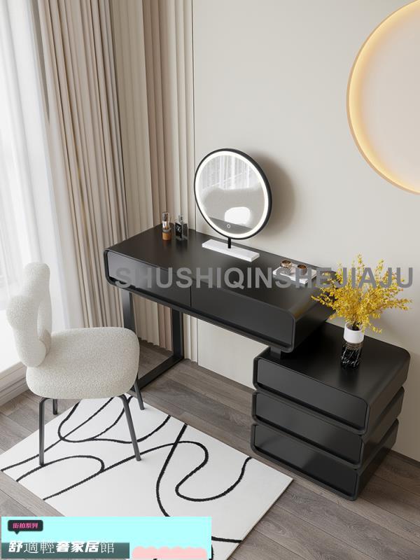 新品免運 黑色梳妝臺現代簡約斗柜一體臥室輕奢極簡化妝臺高級感伸縮化妝桌 2