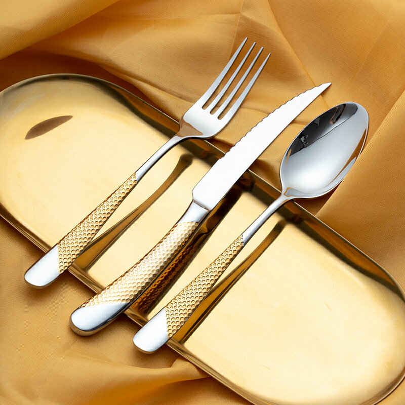 onlycook 304不銹鋼牛排刀叉套裝 歐式金色刀叉勺三件套 西餐餐具