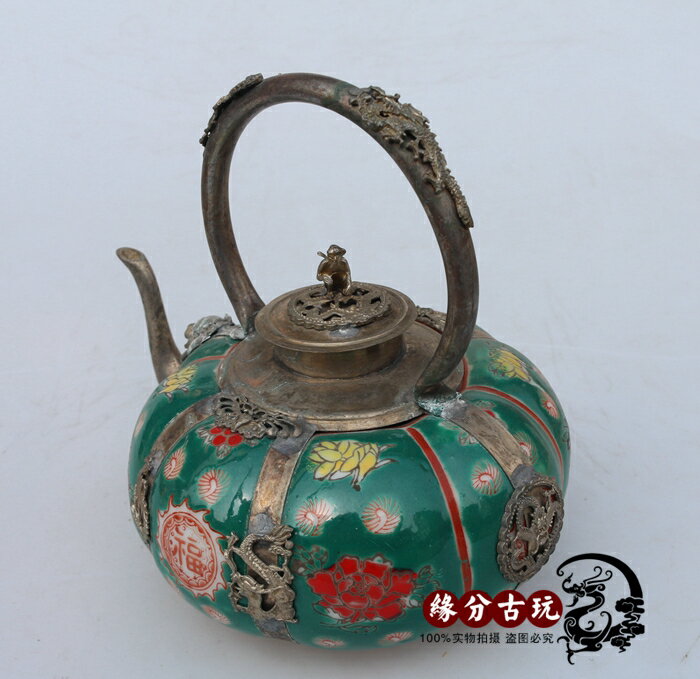 仿古工藝品白銅瓷綠色壺擺件 酒壺 茶壺家居裝飾品禮品古玩收藏品1入