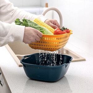 多功能瀝水籃方形家用雙層洗菜簍六件套創意廚房水果盆清洗收納筐
