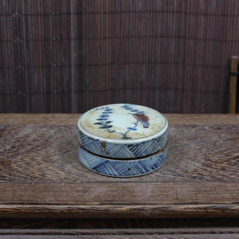明青花釉裡紅花鳥胭脂盒 老貨包老民間收藏品古董古玩 文房用品1入