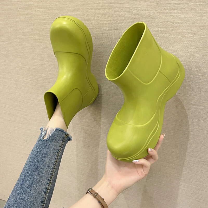 網紅果凍短靴雨靴女時尚外穿牛油果綠厚底增高防滑水鞋短筒雨鞋潮