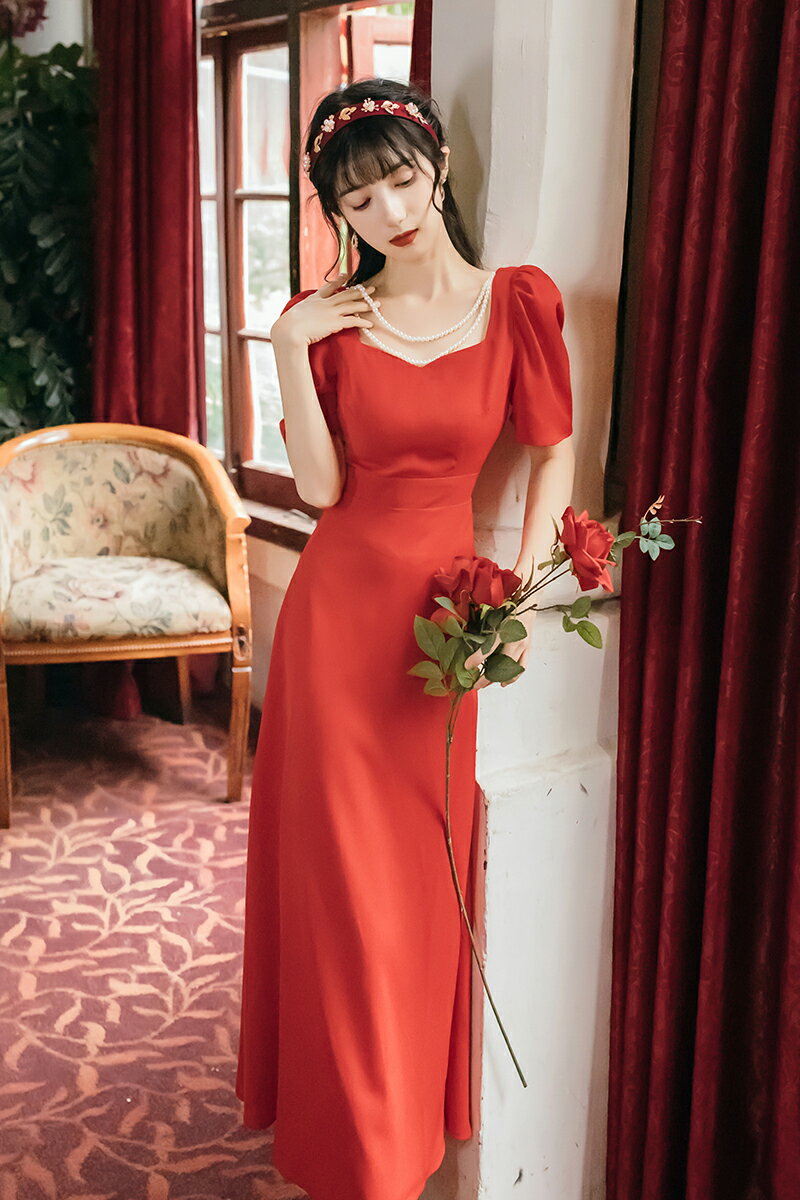 夏新款氣質復古紅色輕熟風小眾開叉復古赫本風禮服法式連衣裙