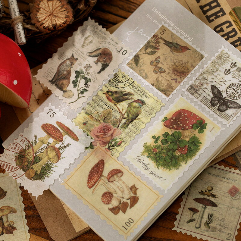 60枚入集郵郵戳不干膠和紙手賬貼紙包 創意博物館系列復古郵票主題人物植物自然花草拼貼手帳素材diy裝飾貼畫